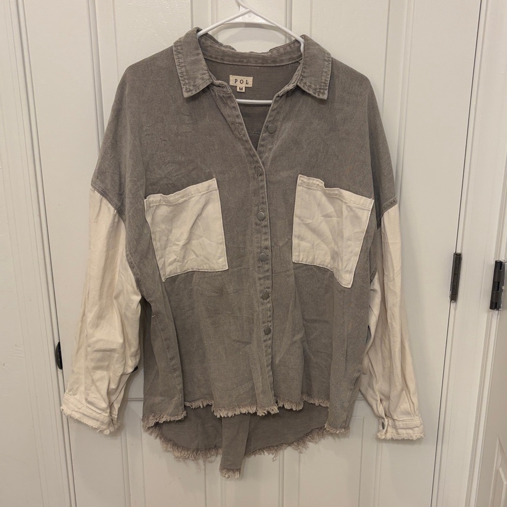 POL Corduroy High Low Colorblock Shacket